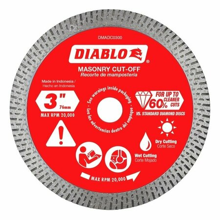 FREUD Diablo Cut-Off Disc, 3 in Dia, 1.3 mm Thick, 3/8 in Arbor, Diamond Abrasive DMADC0300